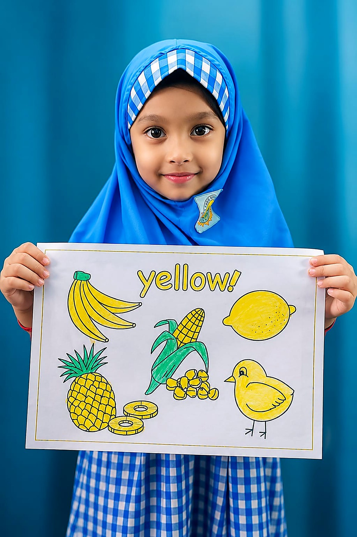 Student presenting a yellow colour chart